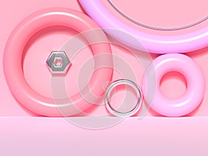 abstract pink geometric shape wall blank floor colorful scene 3d render