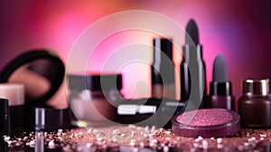 Abstract pink glittering background with professional make-up products. Luxury beauty industry accessories