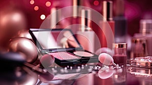 Abstract pink glittering background with professional make-up products. Luxury beauty industry accessories