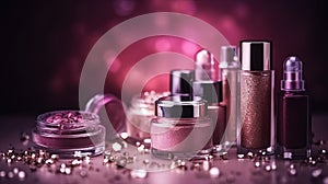 Abstract pink glittering background with professional make-up products. Luxury beauty industry accessories