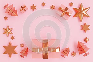 Abstract pink glossy rose gold,Christmas tree,star, gift box decoration scene, isolated pink background, for product show, concept