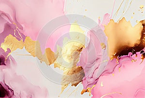 Abstract pink and gold watercolor background, paint texture