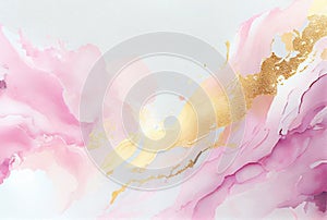 Abstract pink and gold watercolor background, paint texture