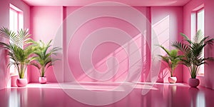 Abstract pink color gradient studio background for product presentation. Empty room with shadows of window and flowers and palm photo