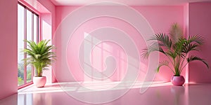 Abstract pink gradient studio background for product presentation. The room is empty with window shadows, flowers and palm leaves photo