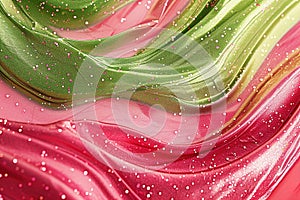 Abstract pink and green silk fabric with glitter details