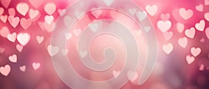 Abstract pink hearts bokeh banner background with copy space
