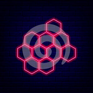 Abstract pink honeycomb. Neon emblem on brick wall. Polygonal shape. Minimal signboard. Vector stock illustration