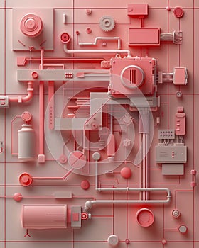 Abstract Pink Industrial Machinery and Piping on Monochromatic Background for Creative Design Use