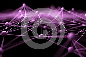 Abstract pink network of interconnected points on a black background.