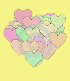 Abstract pink orange and green overlapping hearts on yellow background