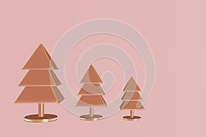 Abstract pink and rose gold christmas tree set, decoration scene,geometric shape,concept celebrate christmas background holiday,