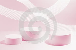 Abstract pink scene mockup - three round pink cylinder podiums, dotted glowing light waves.