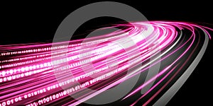 Abstract Pink Technology Banner with Binary Code and Speed Lines on Black Background.