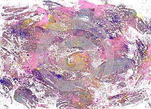 Abstract pink texture paints on paper for a design background. Artistic strokes and spots of pink, purple, yellow. Acrylic paint.