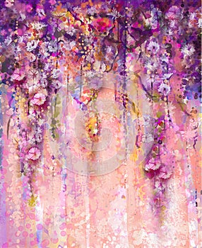 Abstract pink and violet color flowers, Watercolor painting. Han