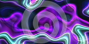 Abstract pink violet green glowing lines in liquid shapes paper in surreal color on black background