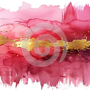 Abstract pink watercolor background with gold paint splashes. Hand drawn illustration.