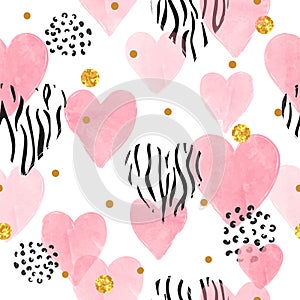 Abstract pink watercolor hearts pattern. Valentines Day