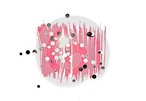 Abstract pink watercolor splash and black and white glitter confetti on white background