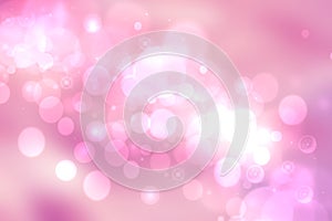 Abstract pink white light background texture with glowing circular bokeh lights and stars. Beautiful colorful spring or summer