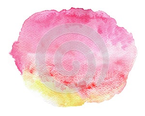 Abstract pink and yellow watercolor on white background. Colored splashes on paper. Hand drawn illustration