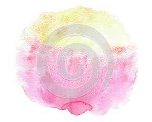 Abstract pink and yellow watercolor on white background. Colored splashes on paper. Hand drawn illustration