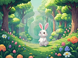 Abstract Pixel art scene cute rabbit spring background