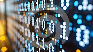 Abstract pixelated data stream with binary code and encryption concept, glowing red and blue dots