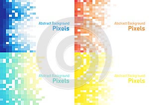 Abstract pixels disintegrate pattern, geometric mosaic background set, blue green yellow and orange color gradient, vector