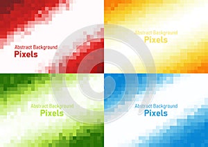 Abstract pixels disintegrate pattern, geometric mosaic background set, red yellow green and blue color gradient, vector