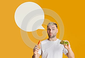 Abstract place for words. Guy choose healthy diet