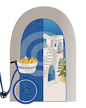 Abstract places, villages, small streets, old towns in Santorini, Spain, Greece and Italy in blue colors. Travel Vector