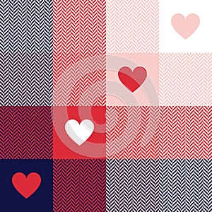 Abstract plaid pattern with hearts for Valentine\'s Day print. Seamless navy blue, red, powder pink, white cute tartan