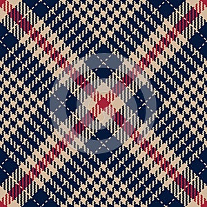 Abstract plaid pattern tweed in navy blue, red, beige for spring autumn winter. Seamless diagonal dark glen tartan check for dress