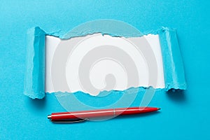 Abstract plain tear paper showing background with pen conspectus flat sheet presenting another backdrop and pencil