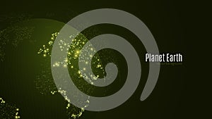 Abstract planet on a dark green background. Earth. World map. Green light. Sci-fi and hi-tech. Big cities. Map of points. The worl