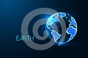 Abstract planet earth globe map, view from space concept banner in futuristic glowing style on blue