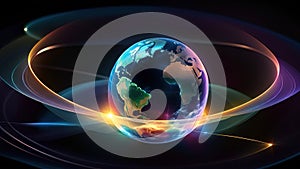 Abstract planet earth with glowing lines on dark background.Glowing planet earth with glowing lines on dark background.