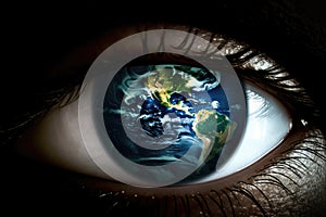 Abstract planet earth reflected in a closeup up eye. Earth Day concept. Global care in line of vision. Environmentalism.