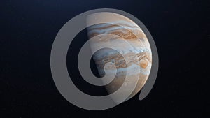 Abstract planet Jupiter rotating in outer Space. Animation. Sunrise and Sunfall on the colorful white and brown Surface