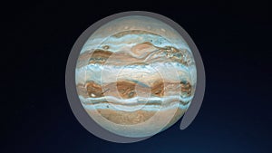 Abstract planet Jupiter rotating in outer Space. Animation. Sunrise and Sunfall on the colorful white and brown Surface