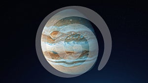 Abstract planet Jupiter rotating in outer Space. Animation. Sunrise and Sunfall on the colorful white and brown Surface photo