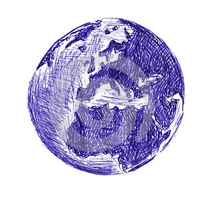 Abstract planet look like earth. Hand made sketch with ballpoint pen on paper texture. Isolated on white. Bitmap