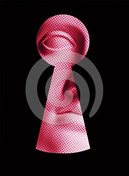 Abstract plaster statue head in pop art style tinted pink peeking through the keyhole, isolated on black. intelligence, secret,