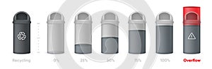 Abstract Plastic Trash Can with Different fullness and Overflow. Template for Animation, Presentation, Banner. Vector photo