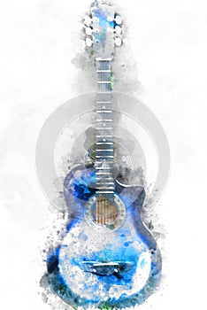 Abstract playing acoustic guitar watercolor painting background.