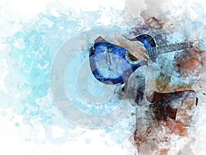 Abstract playing acoustic guitar watercolor painting background.