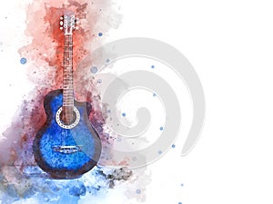 Abstract playing acoustic guitar watercolor painting background.