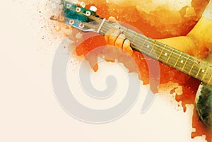Abstract playing acoustic guitar watercolor painting background.